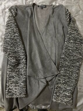 Jealous Tomato Gray Faux-Suede Cardigan with Black & White Knit Sleeves